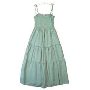 Mango MNG Sage Green Linen Blend Smocked Tiered Midi Dress 6 Boho Cottage Flowy